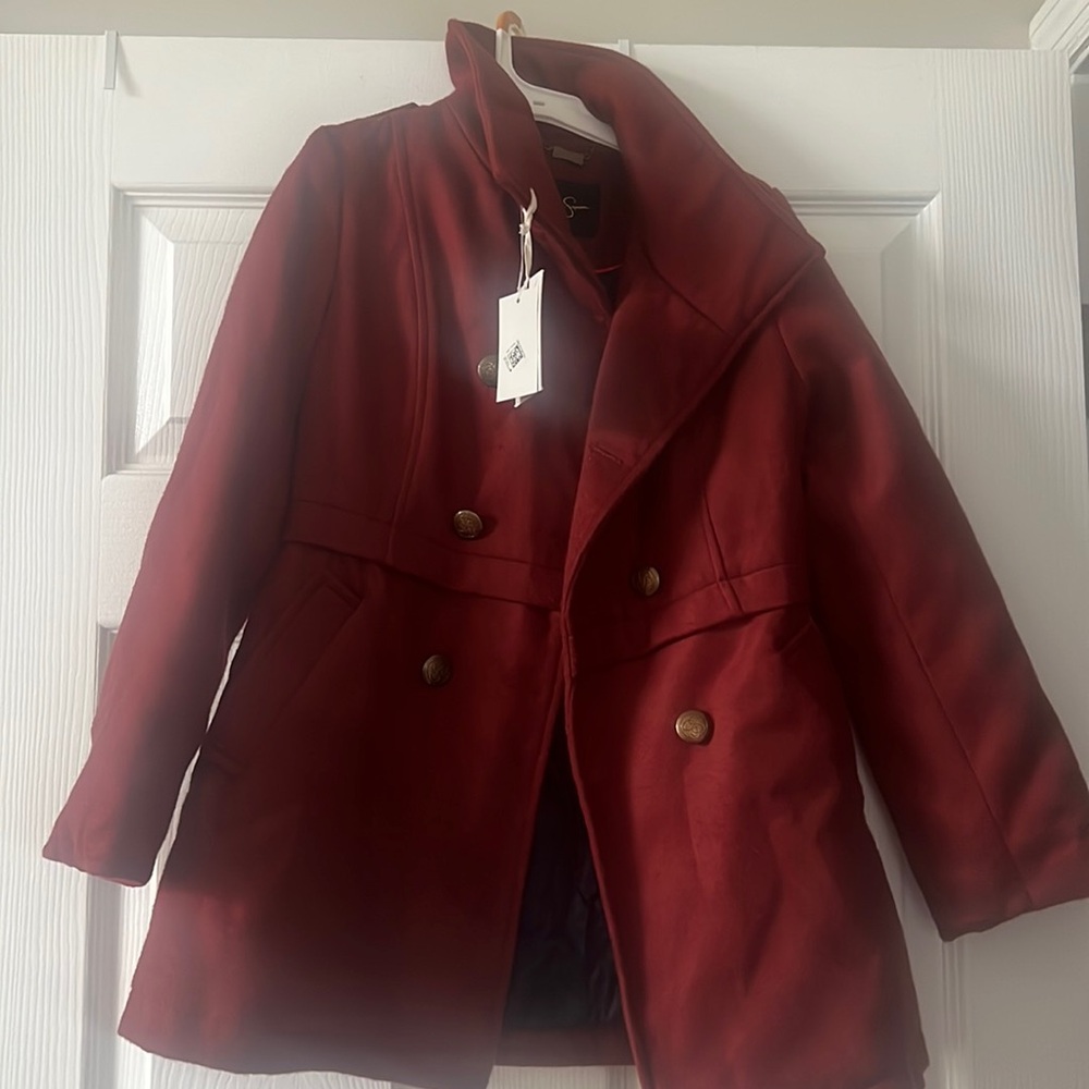Jessica Simpson maroon wool coat with brass button detail
